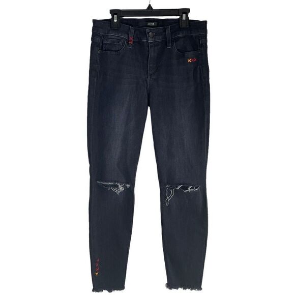Joes Jeans Women’s 28 Distressed Embroidered X’s Skinny Jeans Dark Wash Fringe - Picture 1 of 12